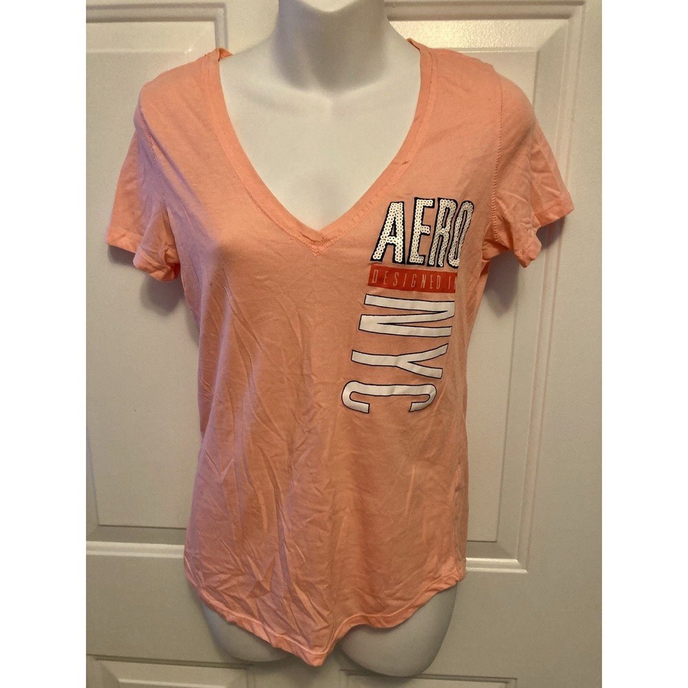 Aeropostale Women's Medium Aero NYC Peach Graphic Sequin T Shirt V-Neck